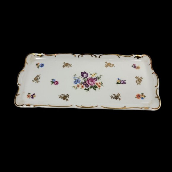 VINTAGE PORCELAIN German China ROSE FLORAL DISH TRINKET TRAY 10 x 5" - Picture 2 of 4